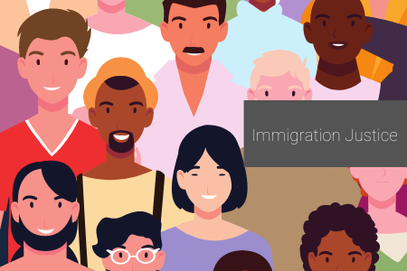 [ai] An illustrated diverse group of people smiling, representing various ethnicities and backgrounds, with a gray box in the corner labeled 'Immigration Justice'.